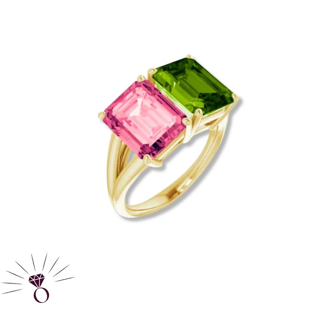 14k yellow gold Pink Tourmaline and Peridot ring, Diamond_Custom Jewelry Design_Custom Jeweler near me_long Island_new York_Origins Custom Jewelry_August Birthstone_Peridot