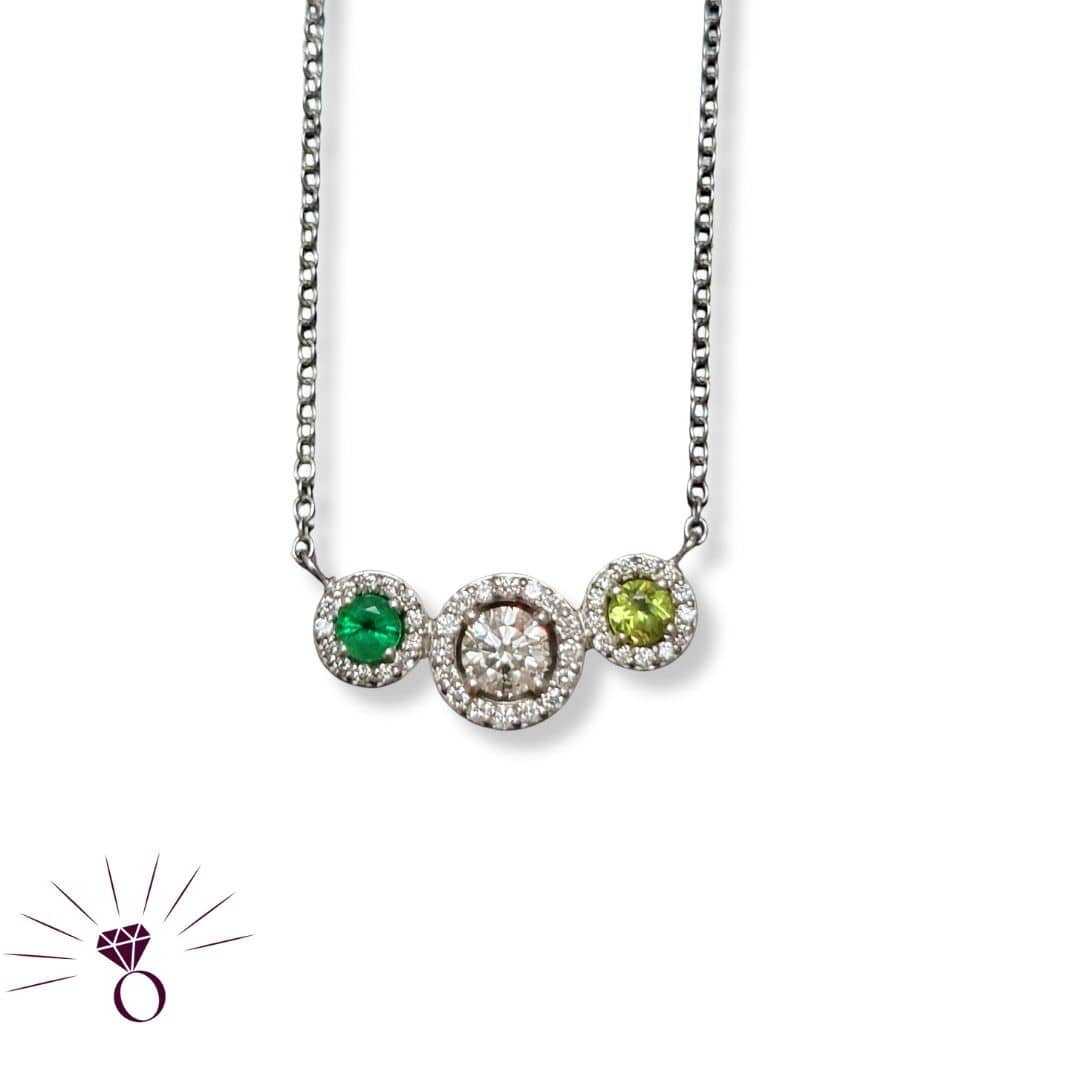 14k white gold  family birthstone necklace with emerald, Peridot and diamond, Diamond_Custom Jewelry Design_Custom Jeweler near me_long Island_new York_Origins Custom Jewelry_August Birthstone_Peridot